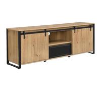 Vente-unique - Mueble TV con 2 puertas correderas, 1 cajón y 1 nicho de MDF y metal, negro - Natural - Bellinaro