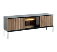 Vente-unique-Mueble TV de 3 Puertas con Leds de MDF y Vidrio Ahumado - Negro y Natural - Ovila