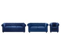 Vente-unique - Sofá 3 plazas + Sofá 2 plazas+ Sillón Chesterfield - Terciopelo - Azul eléctrico