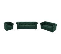 Vente-unique-Sofá de 3 plazas, 2 plazas y sillón de Terciopelo Verde Estilo Chesterfield