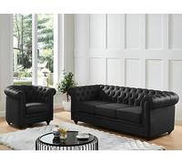 Vente-unique-Sofá de 3 plazas de Piel de búfalo Chesterfield - Negro