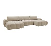 Vente-unique - Sofá esquinero panorámico extensible de tela beige Fridora