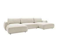 Vente-unique - Sofá esquinero panorámico y extensible, en tejido jaspeado, beige Monelia