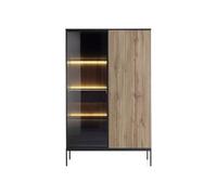 Vente-unique-Vitrina 2 Puertas y 1 cajÛn con Luces LED en MDF y Vidrio Ahumado - Negro y Natural - Ovila
