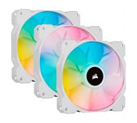 Corsair iCUE SP120 RGB ELITE 120mm PWM Set de tres ventiladores con iCUE Lighting Node CORE, Tecnología CORSAIR AirGuide, Ocho LED RGB direccionables, baja sonoridad de 18 dBA, hasta 1.500 RPM, Blanco