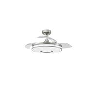 Ventilador Dani 72W en níquel, 7200 lm, 3 aspas retráctiles y 6 velocidades. Luz ajustable 3000-4000-6000K, control remoto y temporizador 24h. Perfecto para cualquier espacio.