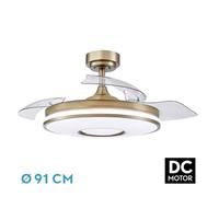 Ventilador DC Dani 48W 4800lm, diseño elegante en cuero. 3 aspas, 6 velocidades, temperatura ajustable (3000-6000K), control remoto y temporizador de 24h, ideal para cualquier ambiente.