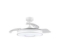 Ventilador DC Dani 72W en blanco elegante con 3 aspas. Tiene 6 velocidades, control remoto, memoria, temporizador y luz ajustable (3000-4000-6000K) para tu total confort.