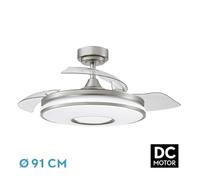 Ventilador DC Dani de 48W y 4800lm en níquel. Con 3 aspas, 6 velocidades y temperaturas de 3000, 4000 y 6000K. Incluye control remoto, función memoria y temporizador de 24 horas.