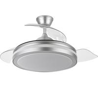 Ventilador DC Esparta 72W en sofisticado plateado, ofrece 6120 lúmenes, ángulo de 110°, tres aspas y temperatura de color regulable (3000K, 4000K, 6000K) con control remoto con memoria.