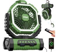Ventilador de Camping de Sobremesa con Luz, 20000mAh Ventilador Portátil Recargable con Mando a Distancia y 360 ° Gancho Giratorio, 4 Velocidades Para Interior, Viajar, Tienda de Campaña (Verde)
