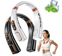 Ventilador de cuello portátil: ligero y sin aspas, este ventilador portátil ofrece 5 velocidades, un indicador LED de batería, una batería de 3000 mAh y 3 luces ambientales，Blanco + negro