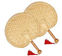 Ventilador de manos chino de 2 piezas, 11.4x9.8 pulgadas de pajas de trigo tejidas redondas tejidas con mango y borlas rojas para enfriamiento de verano, palma de bodas, regalos de decoración del