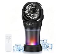 Ventilador de niebla portátil para camping, 42800 mAh, alimentado por batería, con control remoto, luz ambiental RGB con cubo de 2 L, indicador de batería, oscilación automática de 120°, función de