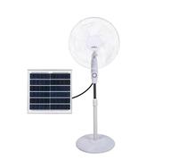 ABRILA - Ventilador de Pie Solar DC FRONTERA | Color Blanco con cinco Aspas | 3 Velocidades Ajustables | Incluye un Panel Solar | Equipado con Puerto USB y Mando a Distancia | Cabezal 2 Funciones