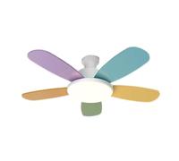 Ventilador de techo colorido con luz para niños, 5 aspas de madera, 6 velocidades, temporizador de 1/2/4 h, moderno ventilador de techo empotrado con control remoto reversible, motor de frecuencia var