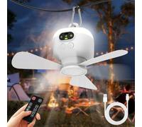 Ventilador de techo con batería con iluminación para camping, recargable, ventilador de techo con luz y mando a distancia, USB, temporizador, ventilador portátil, batería para exteriores, cenador o