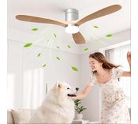 Ventilador de techo con iluminación y mando a distancia, 3 alas, 6 velocidades, temporizador de 1/4/8H, LED regulable, para verano, invierno, para salón, dormitorio, color madera clara, 3 alas