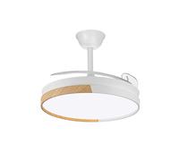 Ventilador de techo con luz led 45W modelo AMAPOLA con aspas retráctiles blanco/madera. Motor DC silencioso, Sistema CCT. Control remoto con temporizador, luz regulable en color e intensidad. Memoria,