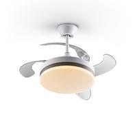 Ventilador de techo con luz LED DIMMABLE CCT en metal acabado blanco mate y aro en bronce. Difusor opal y aspas escamoteables transparentes, en acrílico. Motor DC de 6 velocidades e inversión