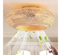 Ventilador de techo con luz y mando a distancia silencioso Lámpara De Techo E27 Retro luces de ratán tejida a mano Lámpara De Plafones Para Sala De Estar Dormitorio restaurante Comedor Iluminación