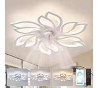 Ventilador de Techo con Luz y Mando Blanco, Lampara Ventilador Techo Silencioso Motor DC 6 Velocidades, Plafon Ventilador Techo Flor Verano Invierno Regulable con Temporizador para Dormitorio, Cocina