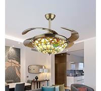 Ventilador de Techo con Luz y Mando Tiffany 6 Velocidades Reversible Lampara Ventilador Techo 3 Colores Invisible Aspas Retráctiles Ventiladores de Techo con Luz para Salon Dormitorio-A