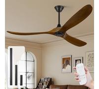 Ventilador de techo de 132 cm con mando a distancia, ventilador de techo exterior de 3 aspas con hélice de madera sin luz para patios, motor de CC, temporización de 1-8 h, Negro + Nogal