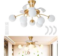 Ventilador de techo de estilo mediados de siglo con 8 luces, lámparas de araña de burbujas de cristal doradas y blancas, 3 aspas retráctiles sin control remoto, lámpara de araña Blossom de perfil baj
