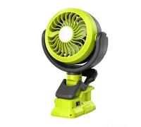 Ventilador inalámbrico con clip para Ryobi de 18 V (verde), cabezal giratorio de 180 °C, 2 velocidades con lámpara LED, hogar, oficina, camping, taller, construcción de sitios (sin batería)