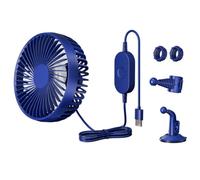 Ventilador portátil de coche para vehículos de 12 V 24 V con control de tres velocidades, interfaz de carga USB, rotación de 360 grados y montaje seguro de ventosa (azul)