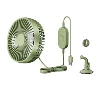 Ventilador portátil de coche para vehículos de 12 V y 24 V con control de tres velocidades, interfaz de carga USB, rotación de 360 grados y montaje seguro de ventosa (verde)