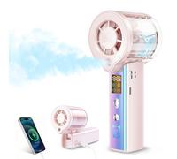Ventilador Portátil de Mano con Nebulización, Mini Ventilador Recargable 3000mAh, 100 Velocidades Ajustables y Motor de 16000 RPM, Pantalla LED y Cordón, para Viajes, Camping, Maquillaje y Sofocos