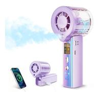 Ventilador Portátil de Mano con Nebulización, Mini Ventilador Recargable 3000mAh, 100 Velocidades Ajustables y Motor de 16000 RPM, Pantalla LED y Cordón, para Viajes, Camping, Maquillaje (morado)
