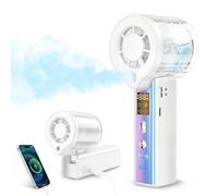 Ventilador Portátil de Mano con Nebulización, Mini Ventilador Recargable 3000mAh, 100 Velocidades Ajustables y Motor de 16000 RPM, Pantalla LED y Cordón, para Viajes, Camping, Maquillaje (blanco)