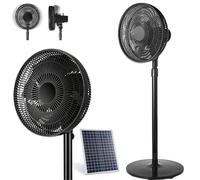 Ventilador solar de pie con control remoto, alimentado por energía solar, recargable, inalámbrico, con luz LED y puerto USB, ventilador vertical de 16 pulgadas, 9 velocidades, camping, hogar, almacén