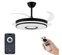 VENTILADOR TECHO LED APP MOVIL FACIL MONTAJE TECHO DC LED ATENUABLE RETRACTIL 4 ASPAS - Opción Sin Pitido, Temporizador, Invierno Verano, 3 Tonos, Modo Brisa, Bajo consumo (Negro NUEVO DISEÑO, 91CM)