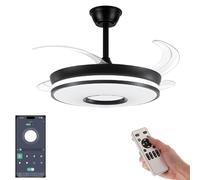 VENTILADOR TECHO LED APP MOVIL FACIL MONTAJE TECHO DC LED ATENUABLE RETRACTIL 4 ASPAS - Opción Sin Pitido, Temporizador, Invierno Verano, 3 Tonos, Modo Brisa, Bajo consumo (NEGRO NUEVO DISEÑO, 107CM)