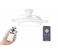 VENTILADOR TECHO LED APP MOVIL FACIL MONTAJE TECHO DC LED ATENUABLE RETRACTIL 4 ASPAS - Opción Sin Pitido, Temporizador, Invierno Verano, 3 Tonos, Modo Brisa, Bajo consumo (Blanco, Plafón 107cm)