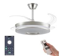 VENTILADOR TECHO LED APP MOVIL FACIL MONTAJE TECHO DC LED ATENUABLE RETRACTIL 4 ASPAS - Opción Sin Pitido, Temporizador, Invierno Verano, 3 Tonos, Modo Brisa, Bajo consumo (NÍQUEL NUEVO DISEÑO, 107CM)