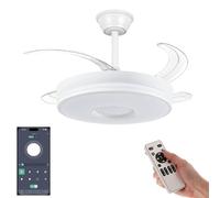 VENTILADOR TECHO LED APP MOVIL FACIL MONTAJE TECHO DC LED ATENUABLE RETRACTIL 4 ASPAS - Opción Sin Pitido, Temporizador, Invierno Verano, 3 Tonos, Modo Brisa, Bajo consumo (BLANCO NUEVO DISEÑO, 107CM)