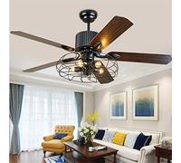 Ventiladores de techo retro con iluminación E27 * 5 Luz de techo de hoja de madera con luz de ventilador Ventilador temporizado 3 archivos Velocidad de viento ajustable con control remoto Lámpara de