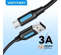 Vention Cable Micro USB 60W Cable USB A de carga rápida 3A para Samsung Xiaomi HTC Cable de datos del cargador USB Cable de carga del teléfono móvil PVC Shell Black