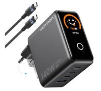 VENTION - Cargador USB C de 140 W PD3.1 GaN de 4 puertos, fuente de alimentación plegable con pantalla TFT inteligente + emoticonos AI, cable de 240 W incluido para MacBook, iPhone, Samsung, etc