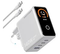 VENTION - Cargador USB C de 140 W PD3.1 GaN de 4 puertos, fuente de alimentación plegable con pantalla TFT inteligente + emoticonos AI, cable de 240 W incluido para MacBook, iPhone, Samsung, etc