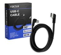 VENTUX GEAR Cable USB-C Angular de 90° 3m | Carga Rápida 60W | Nylon Trenzado Extra Resistente | Conector de Ángulo Recto Anti-Doblado | Ideal para Gaming, Smartphone, Tablet, Laptop