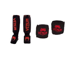 Venum VENUM-0480-100 Espinilleras de Boxeo, Unisex Adulto, Negro/Rojo, Talla Única & Kontact, Venda De Boxeo Unisex Adulto, Negro/Rojo, 2.5 M