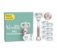 Venus Gillette Pro Smooth Sensitive Maquinilla De Depilación De Mujer Para Pieles Sensibles Con Recambios, 1 Mango De Metal, 9 Cuchillas De Recambio y Soporte Para La Ducha
