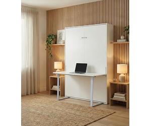 Vep Home Cama Abatible Vertical con Escritorio Integrado, Blanco, 135x190 cm, Diseño Minimalista, Ahorro de Espacio
