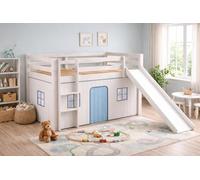 Vep Home - Cama Alta Infantil con Tobogán y Escalera - Madera de Pino Natural - Cama Infantil con Barras de Protección - Medidas 98x198x108,5 cm - Somier Incluido - Color Blanco Decapé